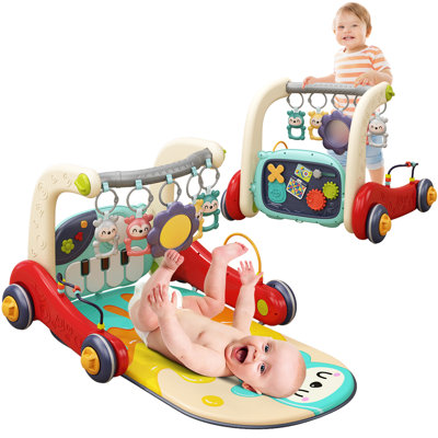 2 in 1 Baby Play Gym & Push Walker, Musical Activity Play Mat with Hanging Rattles, Early Educational Toy for Infants