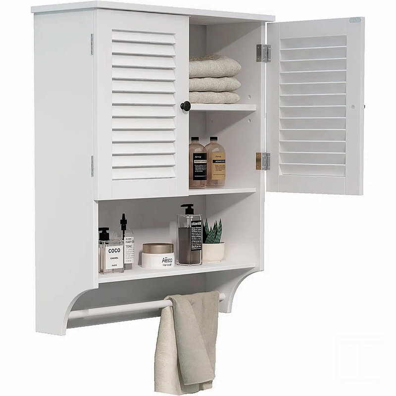 Armoire de salle de bain murale avec portes à persiennes, tablette ouverte, tablettes réglables et barre à serviettes, Blanc