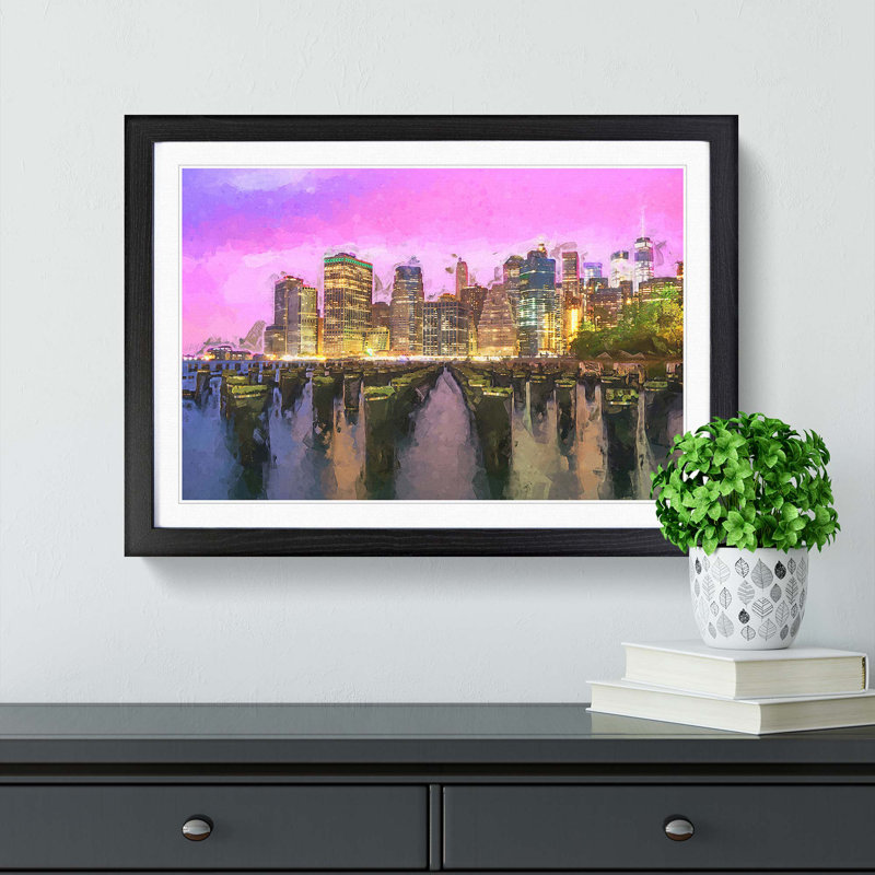 Manhattan from Brooklyn Bridge in Abstract - Framed Print, Black, 40cm H x 60cm W x 2cm D