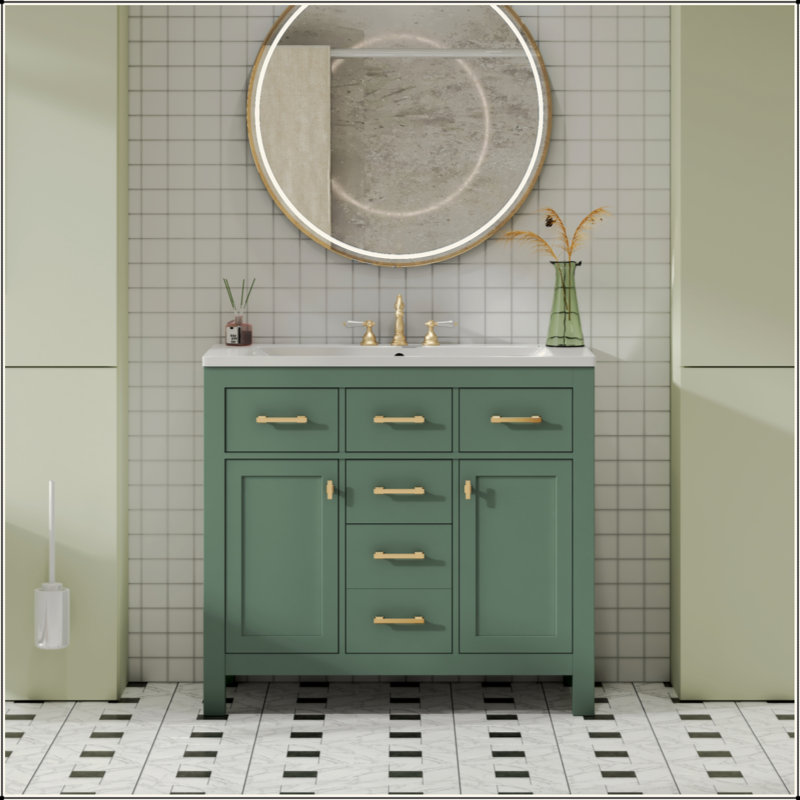 Ensemble de meuble-lavabo 36 po avec lavabo en céramique, meuble-lavabo simple autoportant moderne à 4 tiroirs et 2 armoires, meuble de rangement pour la salle de bain, ensemble de meuble-lavabo à cadre en bois massif