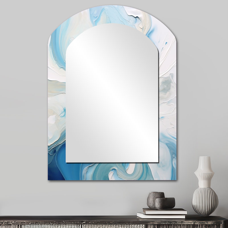 Bleu et gris Elixir V éthéré - grand miroir mural asymétrique abstrait, miroir arche moderne unique, impression d'art en métal