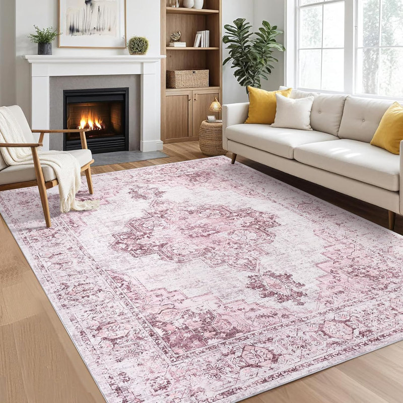 Area Rugs Washable, Soft Vintage Large Bedroom Rugs, Boho Farmhouse Low Pile Non-Slip Indoor Throw Carpet Rugs for Living Room Dining Room