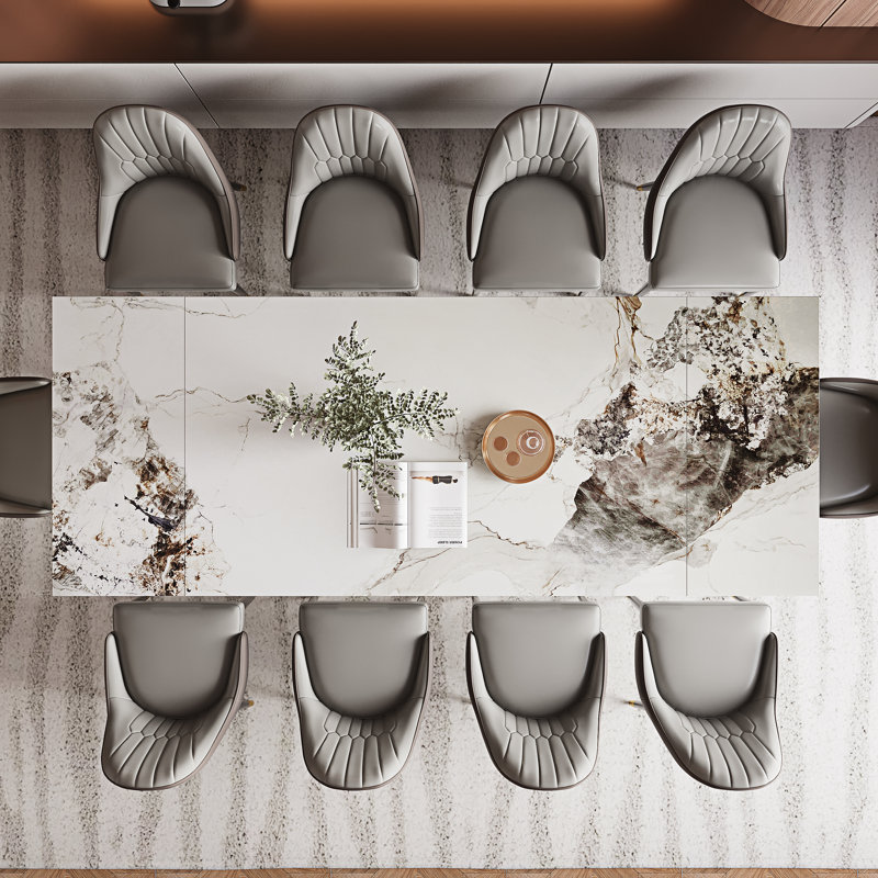 Dining Table Set With 94.5'' Extendable Sintered Stone Top And 8 Faux Leather Chairs, Beige, Gold, Cream