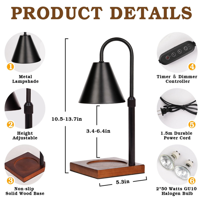 Lampe chauffe-bougie, minuterie, variateur, hauteur réglable, noire