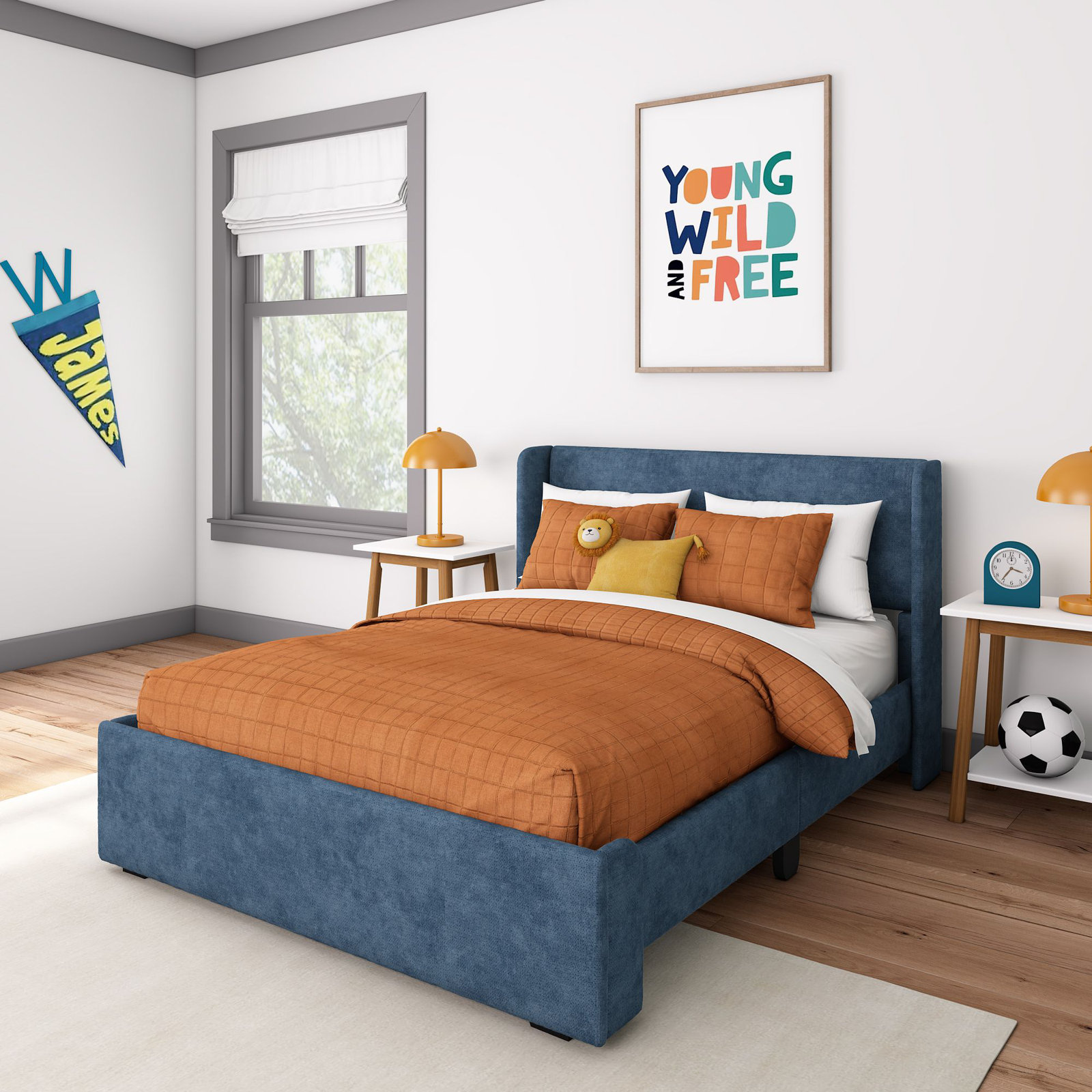 Solid Wood Upholstered Panel Bed, Blue, Full
