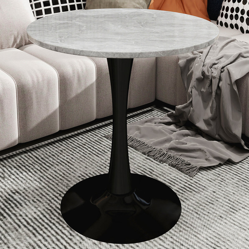 27.6-Inch Round Dining Table Mid-Century Modern 2-4 Person Light Gray Textured Marble Top, Light Gray, Black