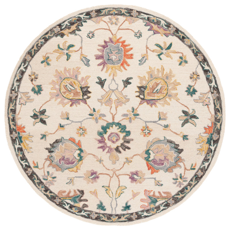 Darricka Tufted Wool/Cotton Performance Floral Rug in Beige/Lavander, Round 6'