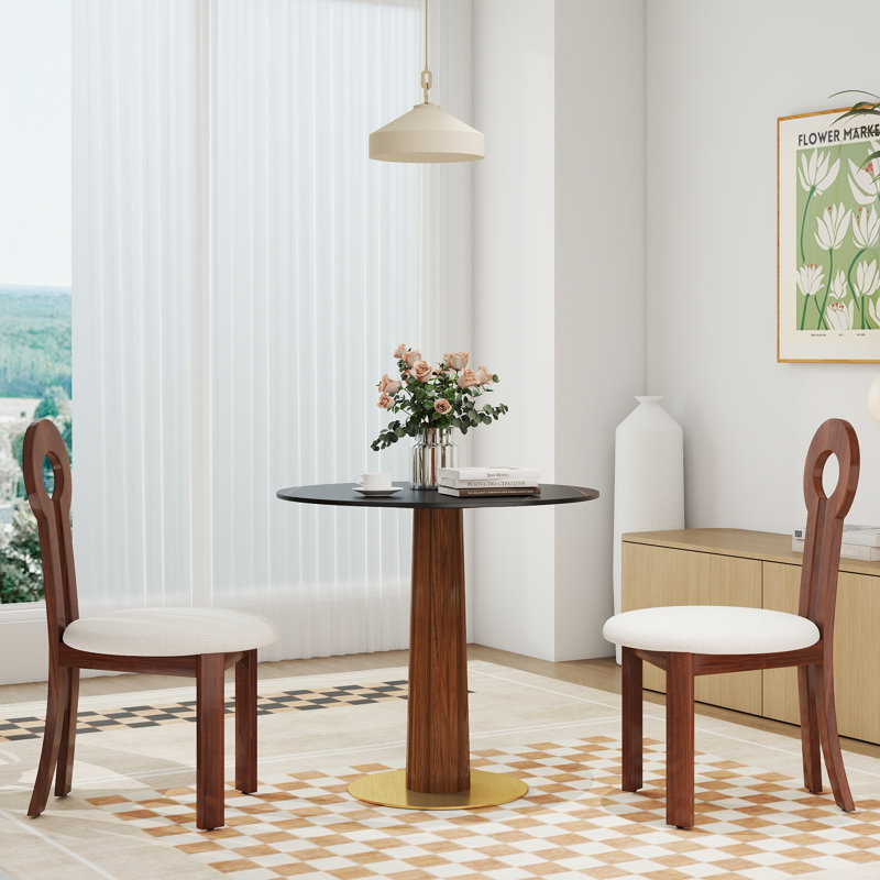 Modern 3-Piece Dining Set with 33.5"Round Sintered Stone Top&Solid Wood Table and 2 Solid Wood Chairs – Small Space Kitchen Table Set with Metal Base