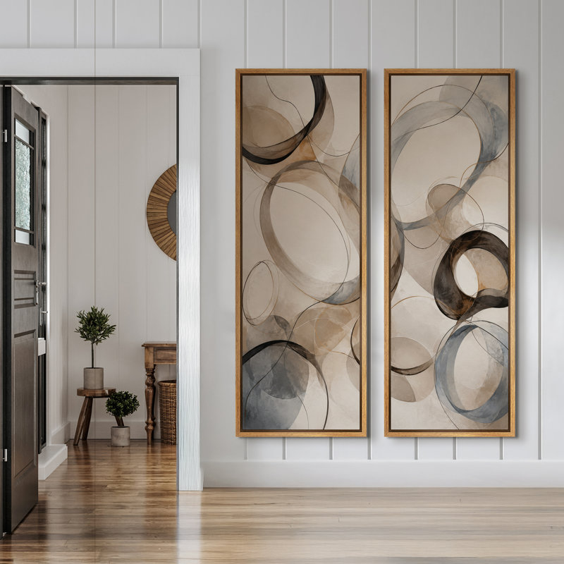 Ensemble de 2 impressions sur toile encadrées, motif de cercles fluides beiges et gris neutres – 60 po x 20 po x 2 po