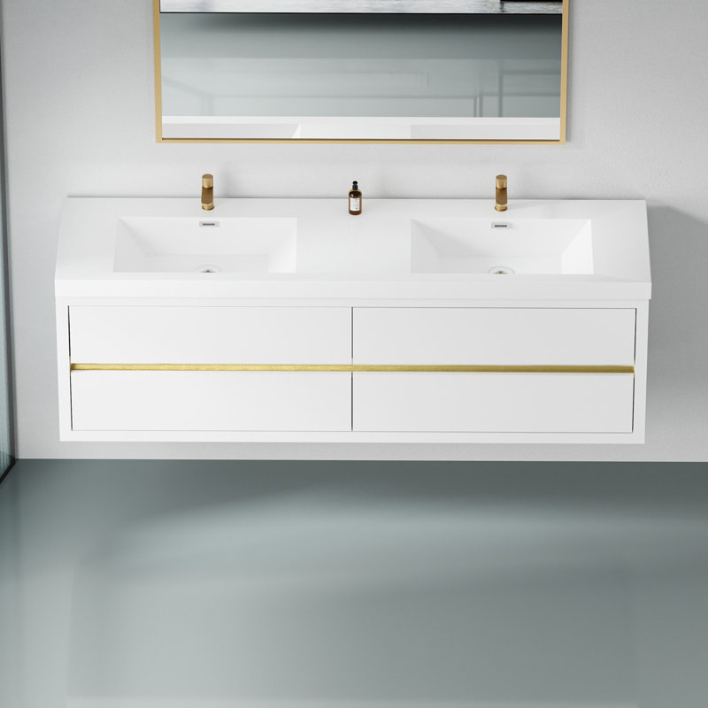 Wall-Mounted Bathroom Vanity with Double Sinks, Glossy White