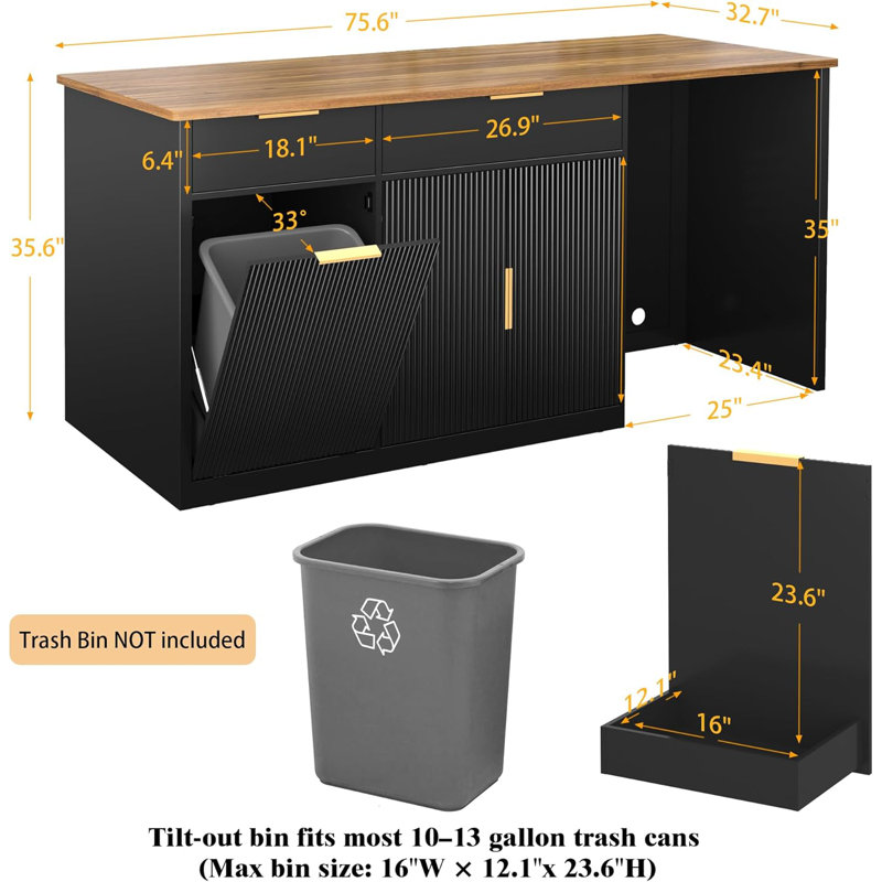 75.6" W Large Kitchen Island with Storage and Fridge Space, Modern Kitchen Bar Island Table with Drawers and Trash Bin Space