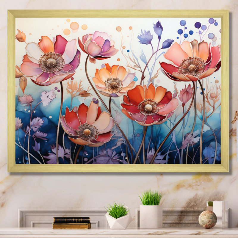 «Red Blue Botanical Serenade - Abstract Botanicals», reproduction d'art sur toile, L 40 po x H 30 po, Cadre flottant doré