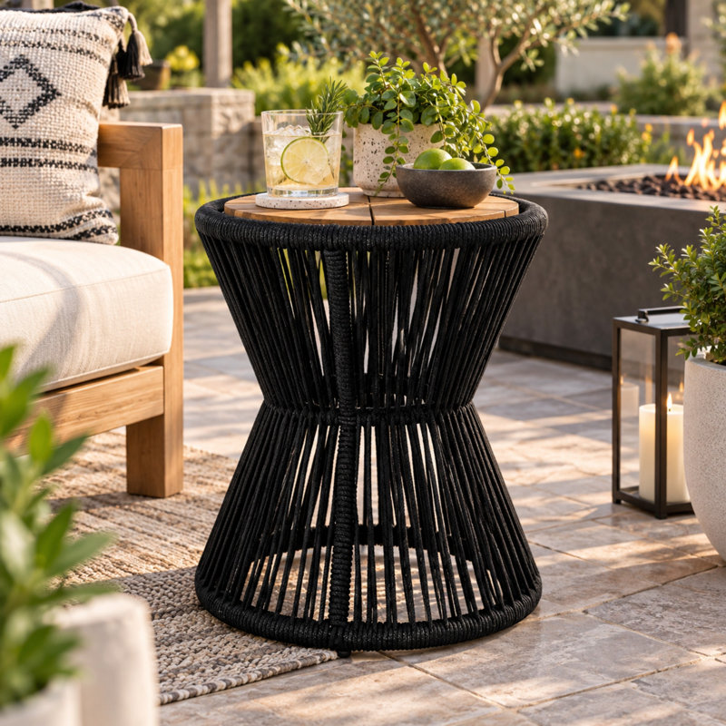 Table d'appoint de patio Atuvhel 48 cm (18,9 po) avec dessus en bois massif, piètement en corde et structure en fer, Noir