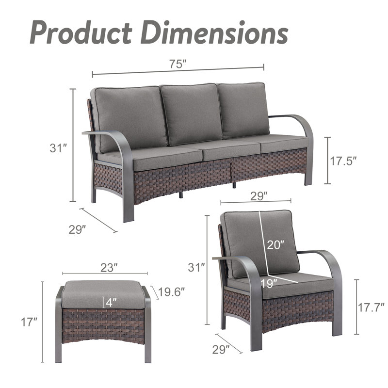 Ensemble de conversation en osier / rotin pour 5 personnes avec coussins et repose-pieds Bobra, Gris
