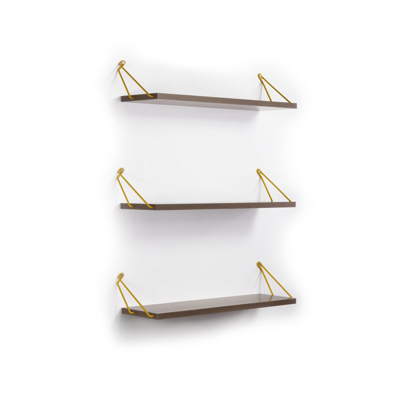 Rustic Hanging Triple Shelf For Books - Solid Wood Walnut/Yellow Wall Decorative Bookcase In, Walnut