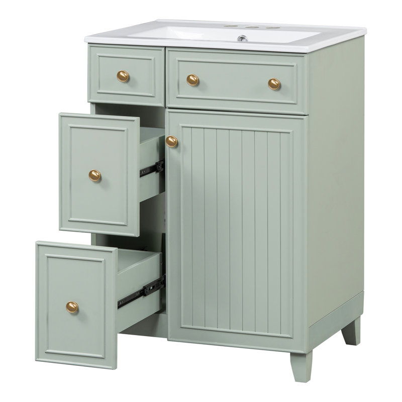 Armoire de meuble-lavabo 24 po avec lavabo en céramique, 2 tiroirs, 1 porte, Vert