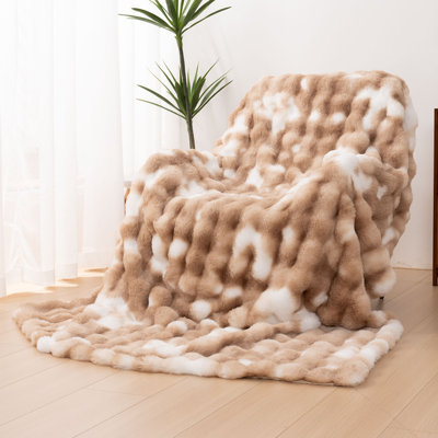 Thick Ribbed Faux Rabbit Fur Cozy Reversible Throw Blanket,Super Soft 3D Striped Fuzzy Cozy Blankets,Brown,90"x 90"