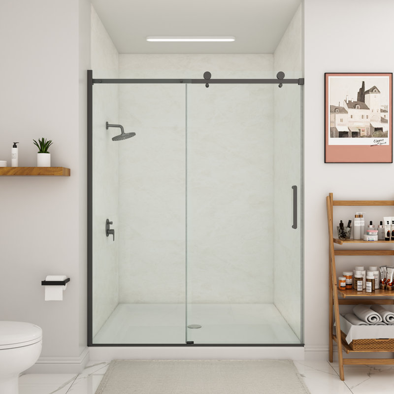 Oceanus 55" - 59" W x 75" H Single Sliding Frameless Shower Door with Clear Glass, Matte Black