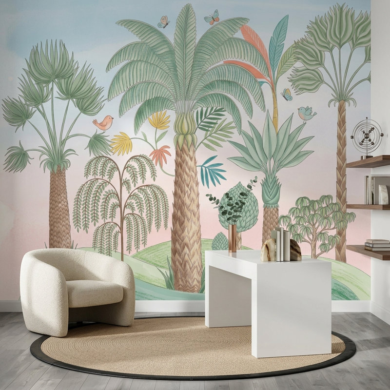 Papier peint paysage tropical avec palmiers, 100 po x 96 po, Non tissé