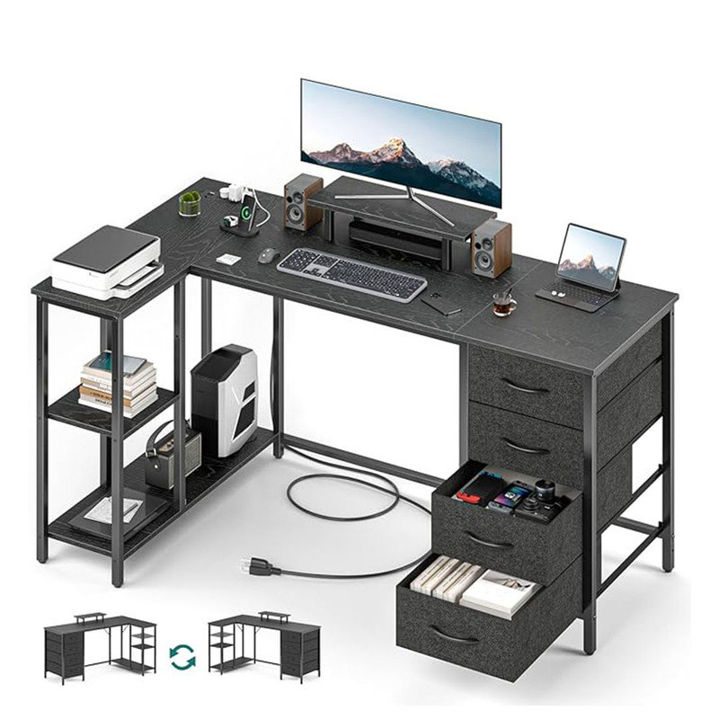 55" L Shaped Computer Desk with 4 Drawers and Power Outlet, Corner Desk with Monitor Stand & Reversible Storage Shelves, Black