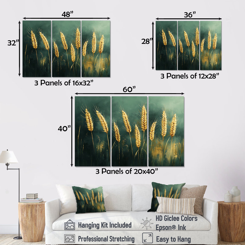 «Green Golden Wheat Fields I», ensemble d'art mural ferme, Toile tendue, H 28 po x l 36 po x P 1 po