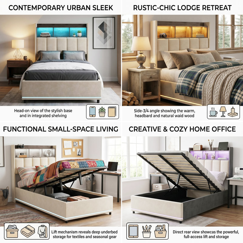 White Velvet Ottoman Bed with LED & Charging Headboard, 2-Tier Storage Shelf, 90/140/160x200cm, European Single (90 x 200 cm)