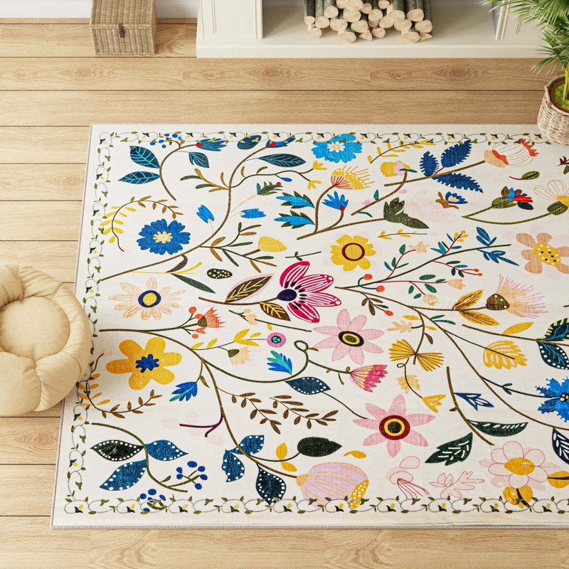 Nature Voja Floral Non-Slip Machine Washable Colorful Modern Area Rug in White for Living Room, Bedroom, Hallway Runner, Entryway Rugs