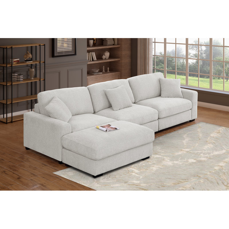 Khailey Chenille Modular L-shaped 4 Seats Sofa with Movable Ottoman, White Polyester