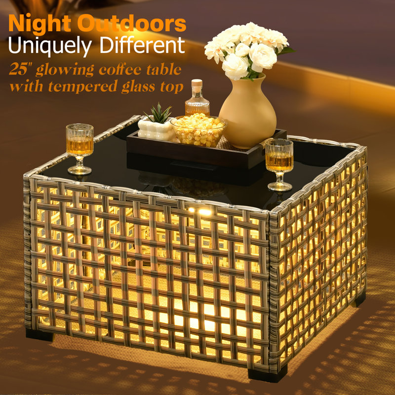 Emroy 3 - Person Wicker/Rattan Outdoor Sofa Seating Group with Lighted Coffee Table and Cushions, All Weather High Back Conversation Set for Garden Backyard