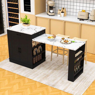 Stylish Kitchen Island with Extendable Countertop, Power Outlets, Ample Storage and Open Shelving