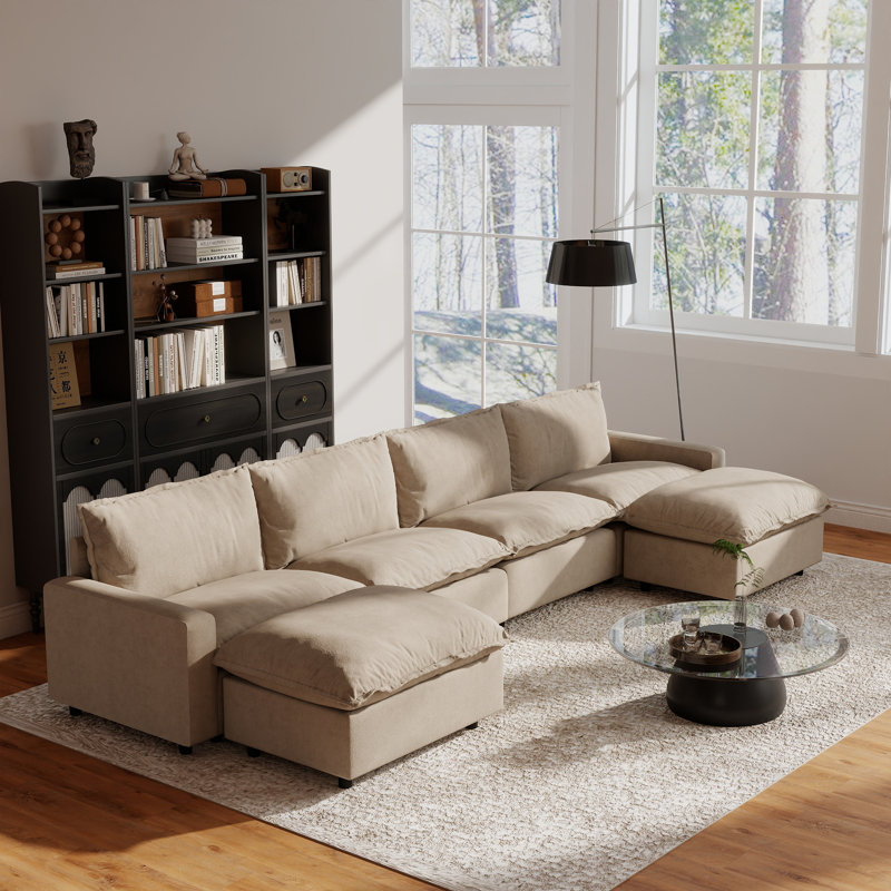6-Piece Upholstered Modular Linen Fabric Sectional With Ottoman, Khaki Linen, 35.04" H x 148.82" W x 59.44" D