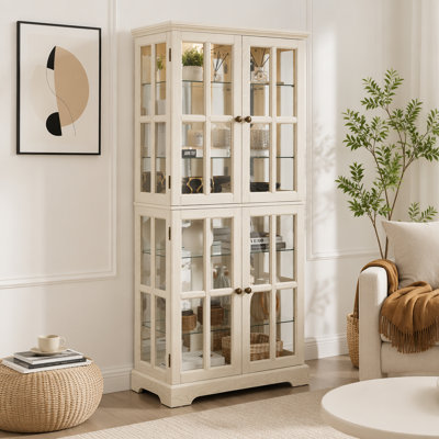 Curio Display Cabinet,Antique Display Cabinet with Glass Doors Adjustable Shelves for Collectibles Four Door Design Vintage Showcase for Home or Office Antique Display Case E26 Bulb Included  WHI