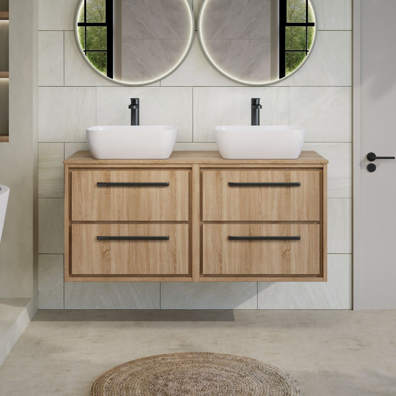 Hudson Reed Lille 1205mm Bleached Oak 4 Drawer Wall Hung Vanity Unit With Co-ordinating Worktop