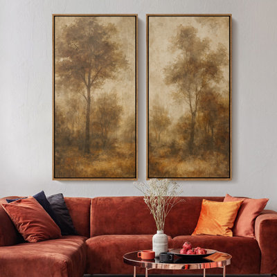 «Vintage sépia Woodland Trees Landscape for Office», ensemble de 2 reproductions d'art encadrées sur toile 60 po x 20 po x 2 pièces, 60 po x 30 po x 2 pièces