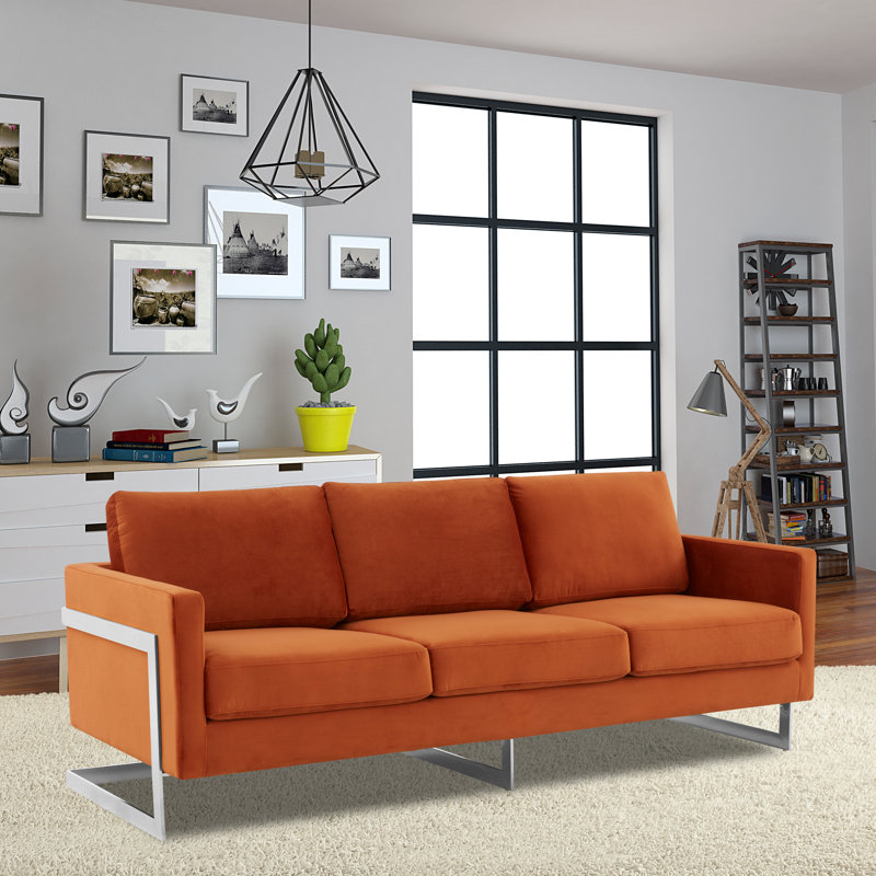 Elegant Velvet & Wood Sofa in Orange Marmalade with Gold Steel Legs