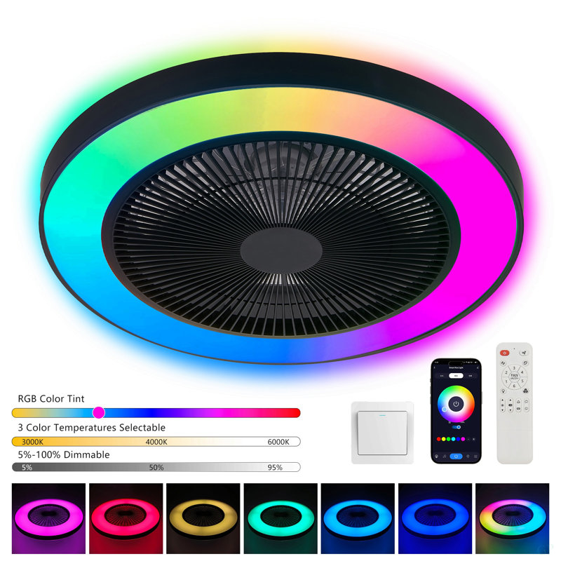 Ventilateur de plafond noir de 19 pouces avec DEL RVB - à intensité variable et à changement de couleur, application et télécommande, ventilateur de plafond intelligent moderne pour le salon, la chambre à coucher et la salle à manger (moteur silencieux / 6 vitesses / réversible / courant continu)
