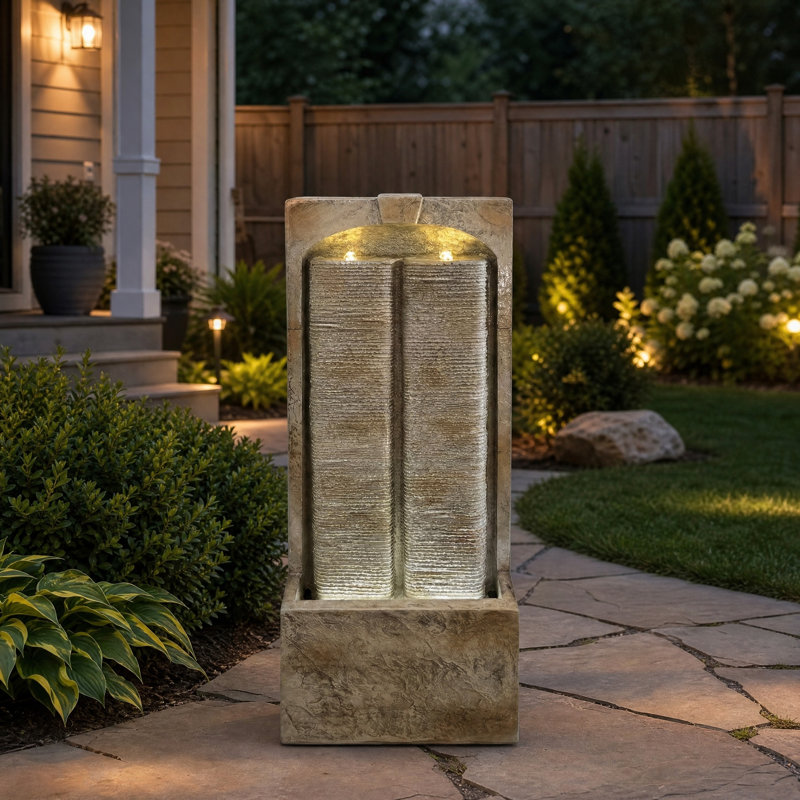 Modern Wall Waterfall Outdoor Fountain with LED Lights, 39.4"H Resin Garden Fountain, Brown