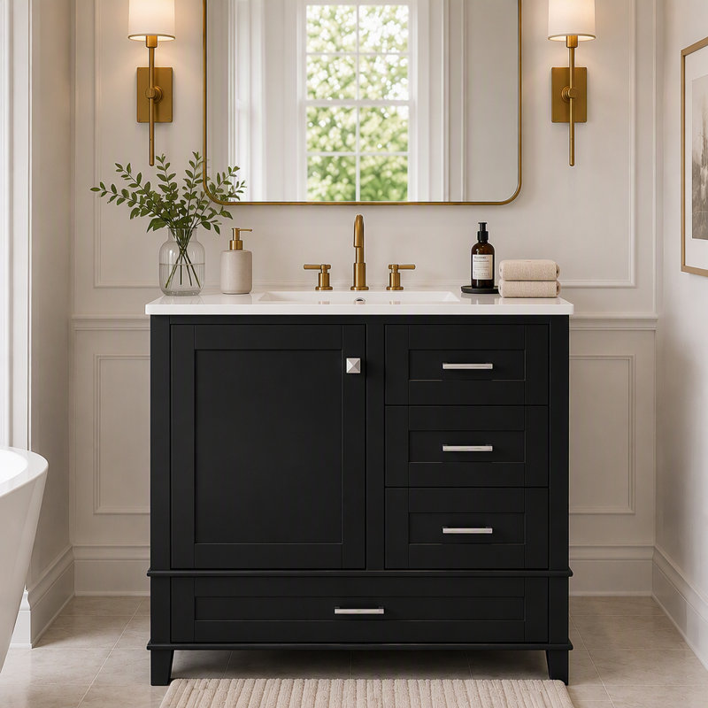 Meuble-lavabo de salle de bain de 36 pouces (91 cm) avec tiroirs et porte à fermeture amortie, Noir