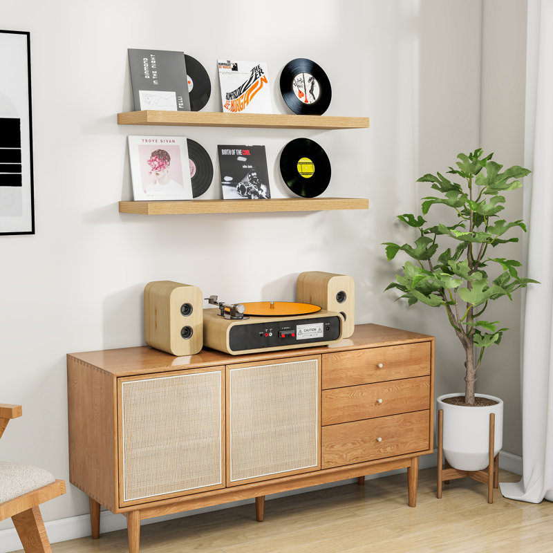 2-Piece 9.3" Extra Deep Wood Floating Shelves, Modern Design Wall Mount Display Shelves, Oak, 1.5" H x 36" W x 9.3" D