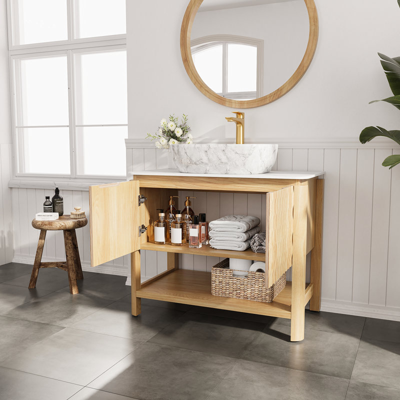 36" Bathroom Vanity&Sink, Freestanding Plywood Bathroom Storage Cabinet with 2 Bamboo Texture Doors&Open Shelf, Marble Pattern Ceramic Basin&Carrara White Sintered Stone Top, Woodgrain Color