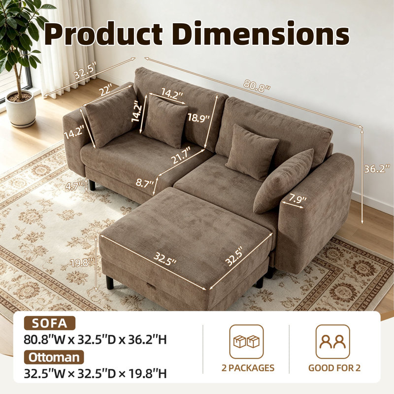 Canapé d'angle Cloud de 205 cm (80,8 po), canapé modulaire en forme de L avec pouf de rangement, Brun