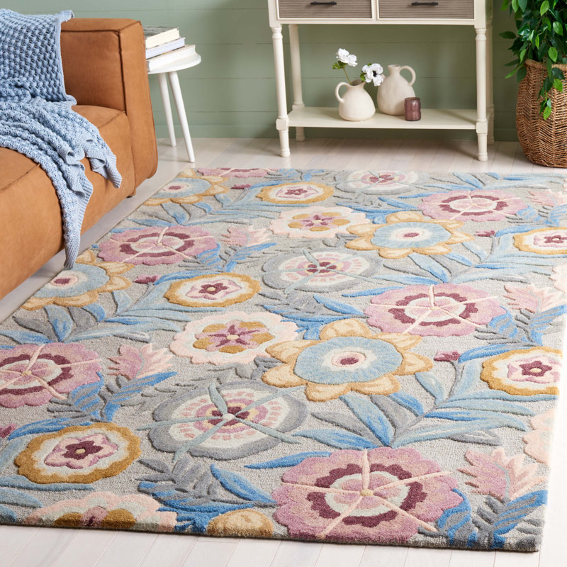 Orilla Tufted Wool/Cotton Floral Rug in Gray/Pink, Rectangle 5' x 8'