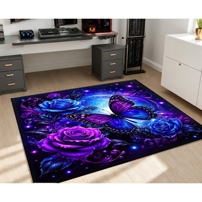 Tapis de fantaisie papillons et roses, motif floral violet et bleu vibrant, tapis de sol antidérapant au design artistique, décoration intérieure pour salon, chambre, entrée, porte d'entrée, cuisine, balcon, appartement