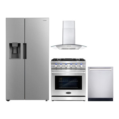 Cosmo 4 Piece Kitchen Appliance Package with Side By Side Refrigerator 35.5'' Dual Fuel Freestanding Built-In Island Range Hood