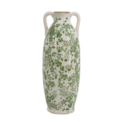 Vase en céramique avec motif floral vert, design vertical compact, deux petites poignées et fonctionnalité d'affichage polyvalente.