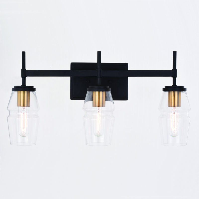 Legault Black And Brass Mid Century Modern Bathroom Vanity Wall Fixture Clear Glass, 3 Lights