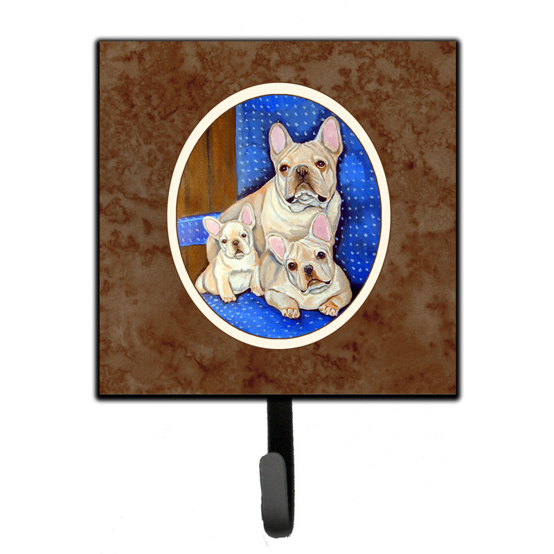 Pelin Metal Wall Organizer with Key Hooks, Blue/Brown/Ivory, French Bulldog