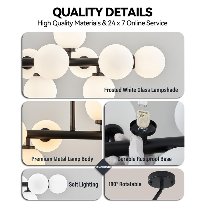 Lustre moderne de style Mid-Century à 16 lumières: lustres linéaires noirs Spoutnik de 40 po - Luminaire sphérique en verre blanc laiteux - Long lustre suspendu moderne pour îlot de cuisine de salon
