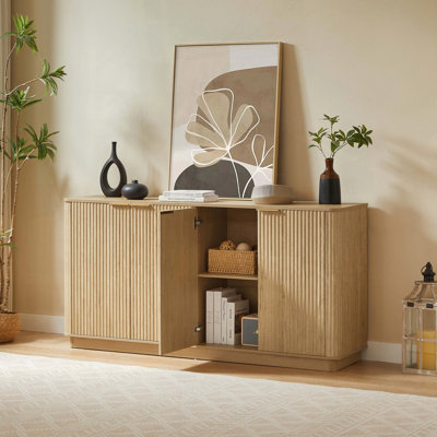 63 Oak Vertical Stripe Buffet Cabinet