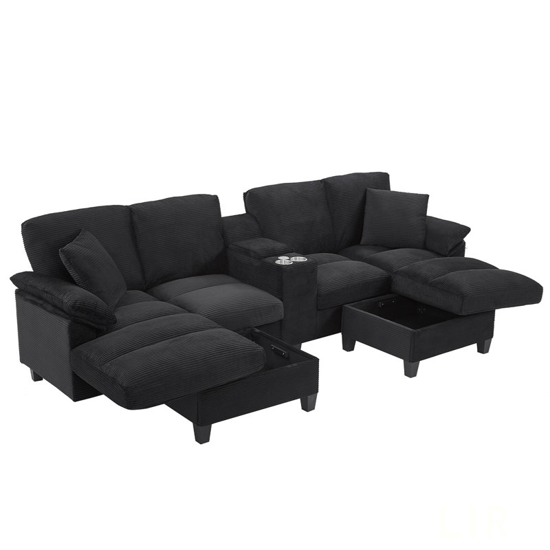 Modern U-Shaped Sofa 116.9 Inch Sectional With Storage, Cup Holders, And USB Ports For Comfortable Living, Black